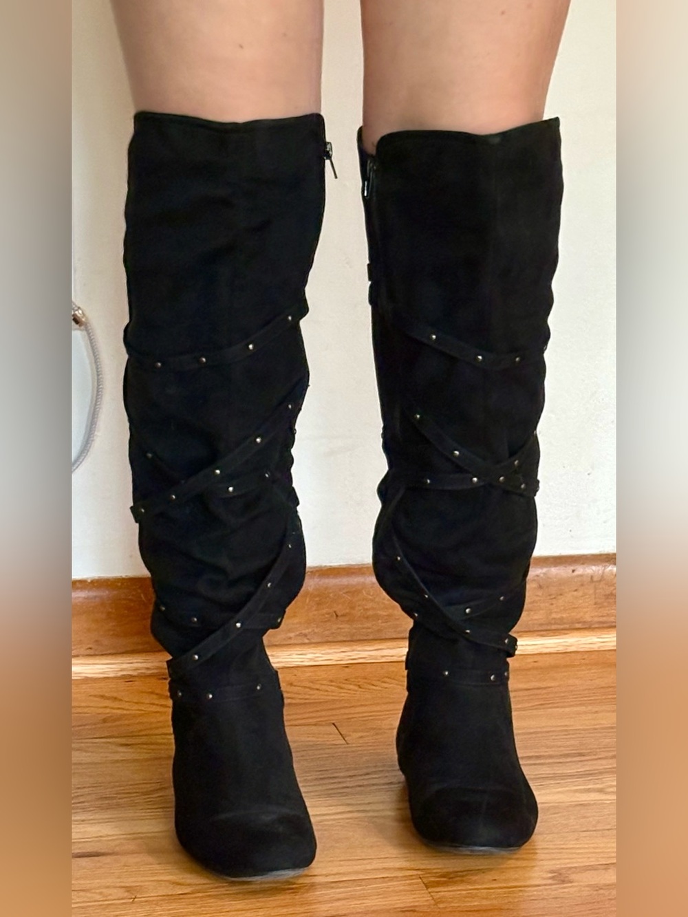Black Studded Knee-High Women's Boots for wide calves